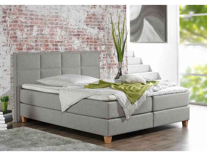 Boxspringbett, Grau, 151x209 cm, Struktur Fein, Topper, Klassisch, Home-affaire
