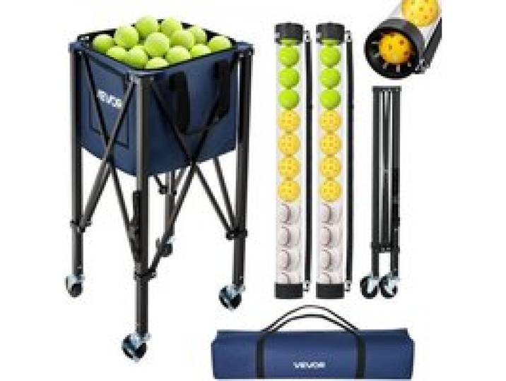 VEVOR Tennisballwagen Faltbar, Tennisballkorb für 150 Tennisbälle oder 260 Pickleballs, Ballwagen mit Rahmen aus Aluminiumlegierung Tragetasche & Sammelrohr, Ballkorb mit Rollen für Training, Schwarz