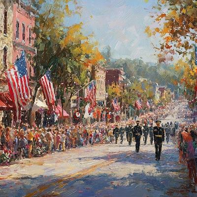 Amerika 250. Jubiläum patriotische Wandkunst digitale Ölgemälde Vintage USA Parade Szene