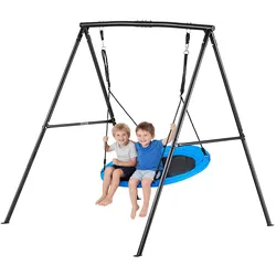 VEVOR Gartenschaukel mit A-förmigem Metallgestell, Schaukelsitz (101,6 cm Groß), bis zu 199,6 kg Tragkraft, Schaukelset Outdoor, Verstärkt mit Spiralförmigen Bodenankern, Tellerschaukel Schwarz Blau