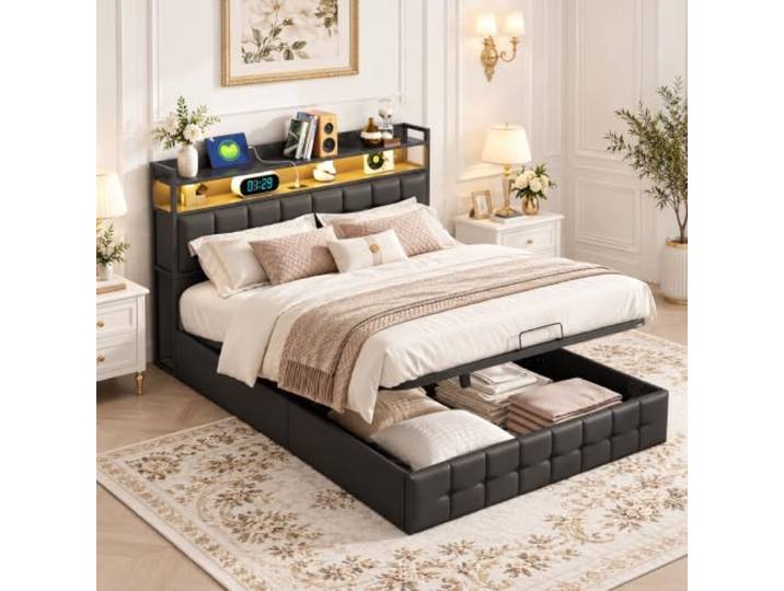 Polsterbett Doppelbett 160x200 cm mit Staufach-Kopfteil, Boxspringbett mit Bettkasten, Hydraulisch Stauraumbett mit Lattenrost, Jugendbett Funktionsbett Rückenlehne Bett, PU (Schwarz, 160x200cm)
