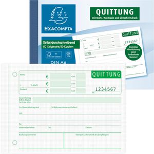 Exacompta Quittungsblock 262B, fälschungssicher, MwSt. separat, selbstdurchschreibend mit 1 Durchschlag, A6 quer, 2 x 50 Blatt