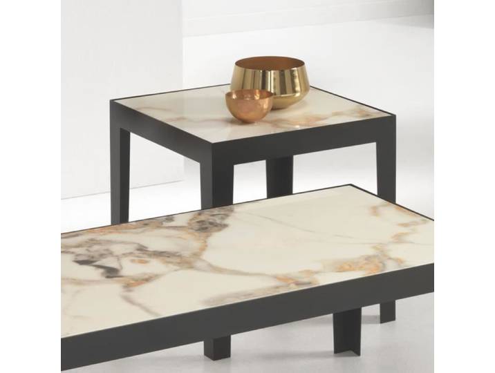 Table basse - ROSS - Carrée 45x45 - Métal - Céramique effet marbre doré - Design contemporain