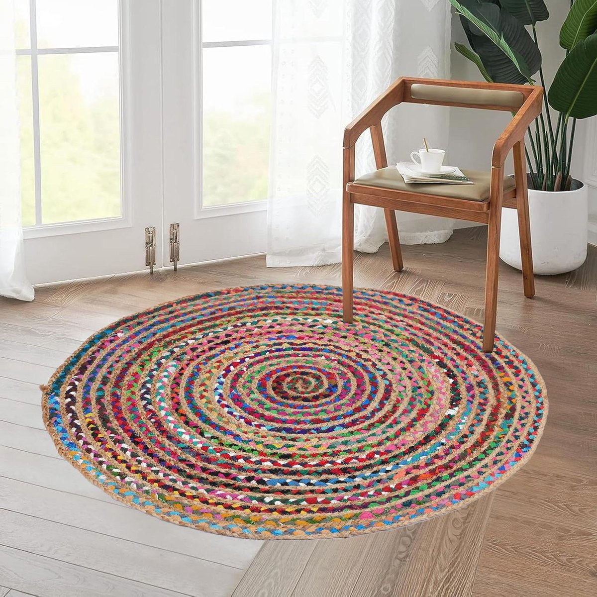 Rond Jute Tapijt Patchwork Boho Stijl Meerkleurig