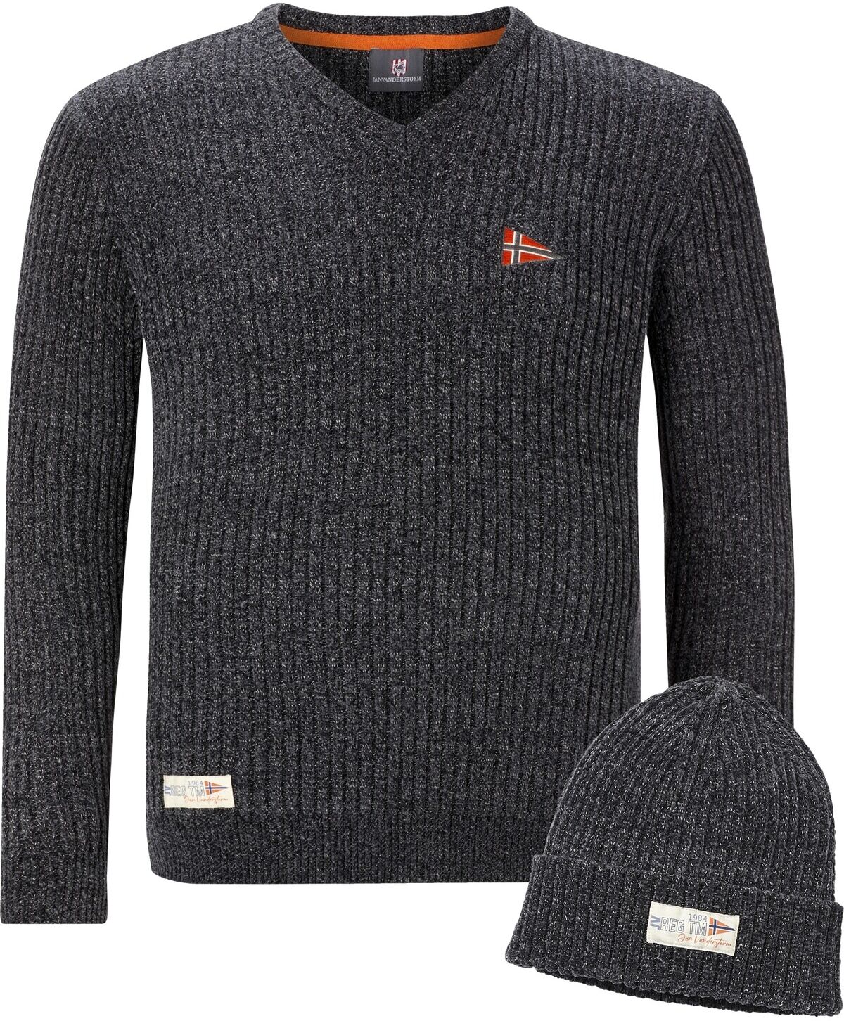 Rundhalspullover JAN VANDERSTORM "Pullover mit Mütze RONAI", Herren, Gr. 3XL, grau (dunkelgrau melange), Obermaterial: 84% Polyester COOLMAX PES(Coolmax). 16% Baumwolle CO., Pullover Rundhalspullover