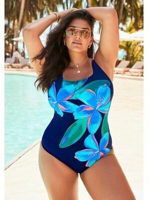 Plus Size Women's Tank One Piece Swimsuit by Swimsuits For All in Blue Floral Blooms (Size 10)