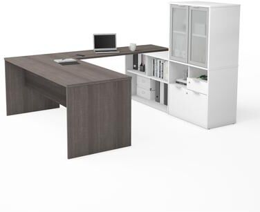 Bestar i3 Plus 72W U-Shaped Executive Desk with Frosted Glass Door Hutch