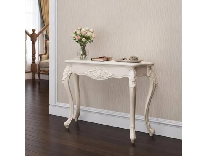 Konsolentisch Eingangsbereich Beistelltisch Flurtisch Sofatisch Schmal Lang Schnitzerei Geschwungenen Beinen Retro Dekorativ Flur Wohnzimmer Creme Weiss