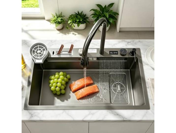Multifunktionales Wasserfall-Spülbecken 13-teilig Edelstahl-Küchenspülen-Set Mit Digitalanzeige Ausziehbarem Wasserhahn Einzelbecken-Arbeitsplatz Tassenspüler Und Bedienknöpfen(Color:Grigio,S:75x45cm)