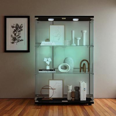 Fundinbaths Modern Tempered Glass Storage Cabinet with Battery-Powered Light, Adjustable Floor Feet, Wine & File Display Case