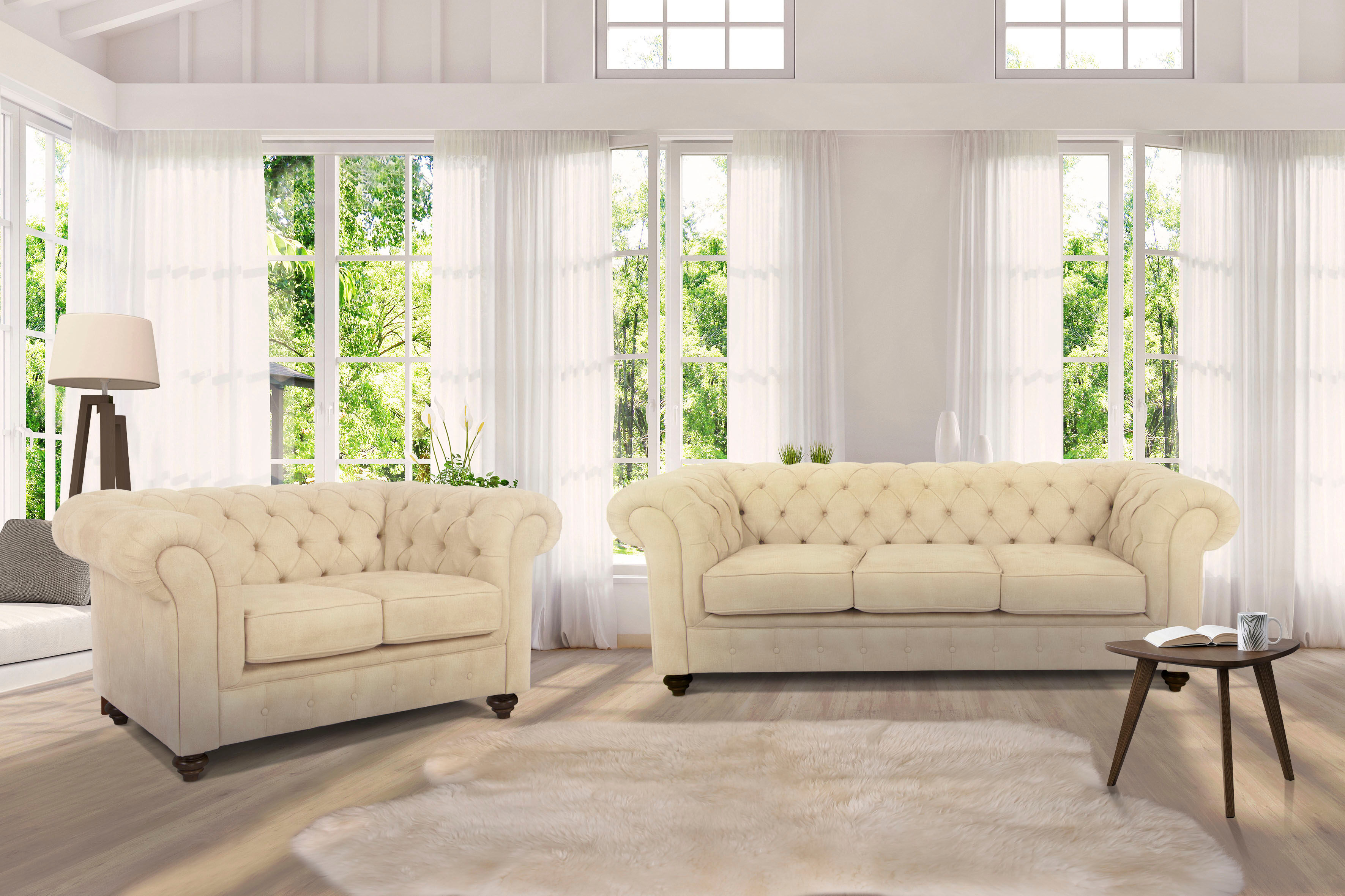 Sitzgruppe HOME AFFAIRE "Duc", beige, Samtoptik, Sitzmöbel-Sets, Sitzgruppe, Bestehend aus 2-Sitzer und 3-Sitzer, Knopfheftung im Rücken
