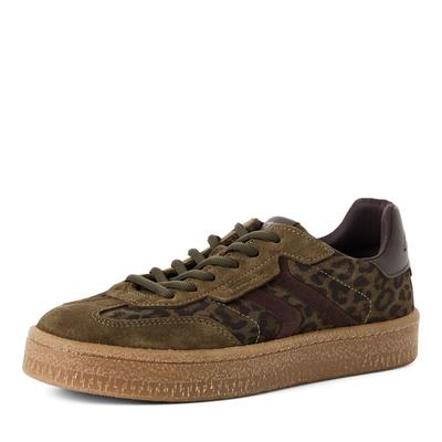 Plateausneaker TAMARIS, Damen, Gr. 38, Textil, oliv, leo, Glattleder, Veloursleder, Schuhe Plateausneaker, Freizeitschuh, Halbschuh, Schnürschuh im Retro-Look
