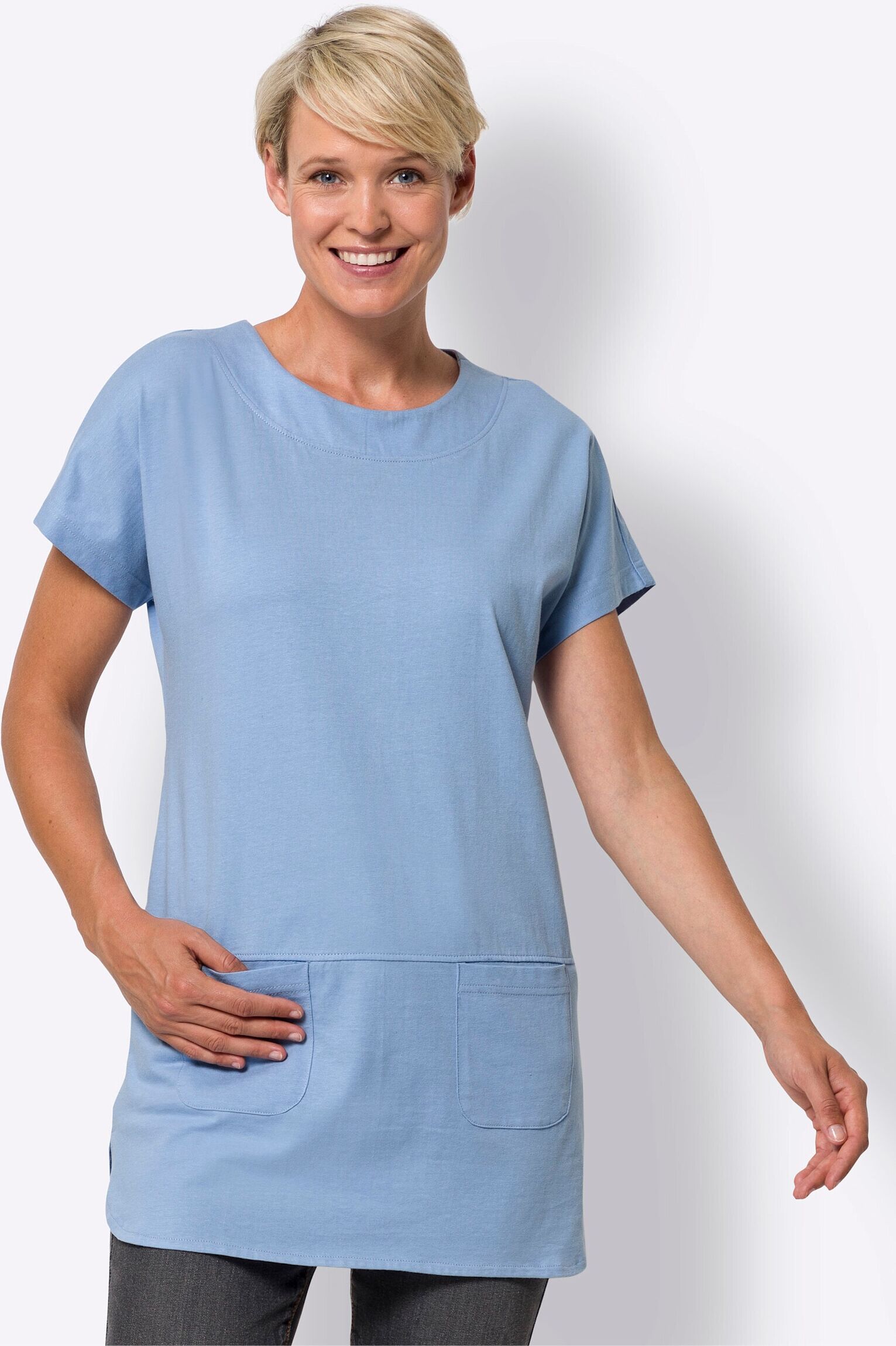 Sieh An! T-Shirt SIEH AN "Longshirt Longshirt mit Taschen", Damen, Gr. 40, blau (himmelblau), Basic, Rundhals, Shirts T-Shirt