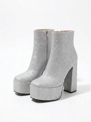 LightInthebox Women's Silver Glitter Platform Go-Go Boots - 1970s Disco Retro Chunky Block Heel Booties for Vintage Night Out Party