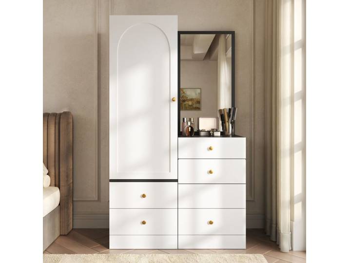 Meuble rangement chambre coiffeuse armoire miroir pleine longueur 90x50 5x160 cm MDF blanc noir VEVXYN