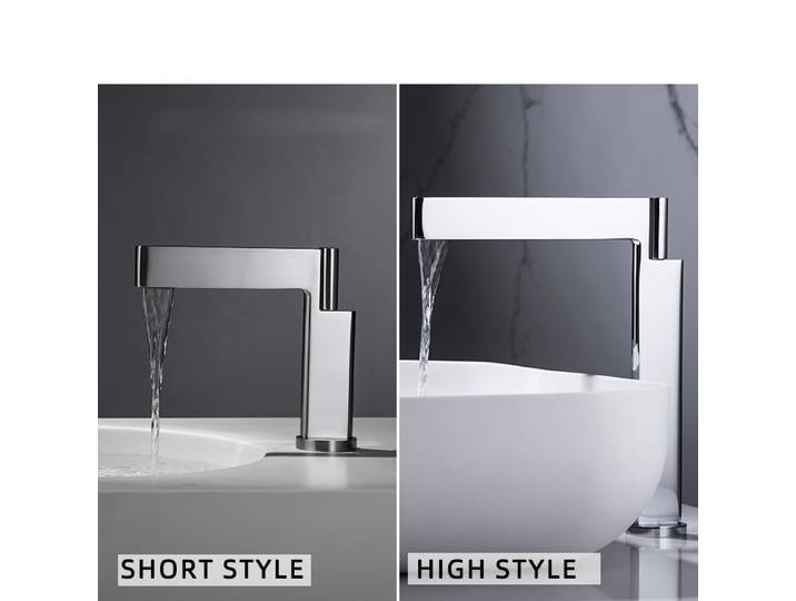 Robinet de lavabo, mitigeur de bain, grand robinet d'évier de salle de bains en laiton chromé gris avec poignée unique, eau chaude et froide à la mode