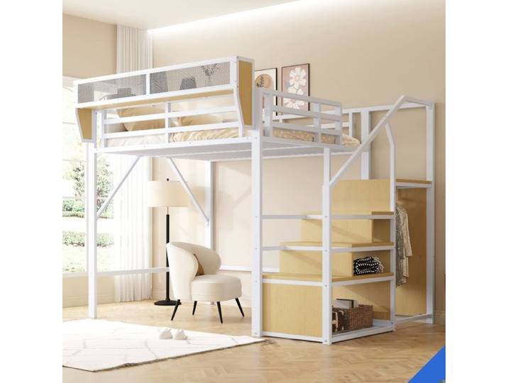 Lit mezzanine en métal blanc structure robuste couchage 140x200 avec rangement
