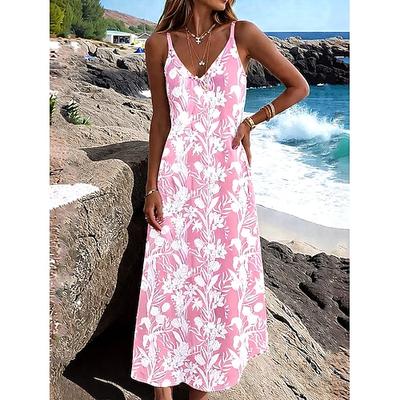 Damen Midikleid Sommerkleid A Linie Kleid Unterkleid Urlaub Lässig Boho Strand Normale Passform Blumen Grafik Ärmellos V Ausschnitt Blau Apfel Grün Schwarz Rosa Sommer Frühling