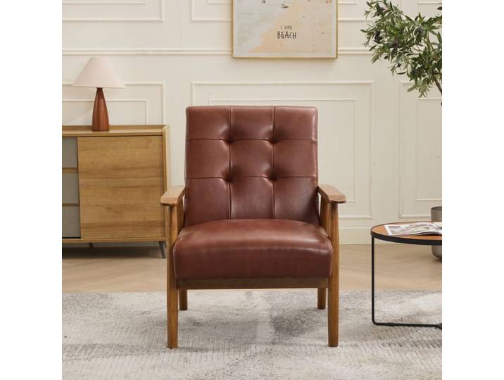 Fauteuil - ZEVKOR - Fauteuil 1 - Cuir véritable - Accoudoirs bois d'hévéa - Livré monté