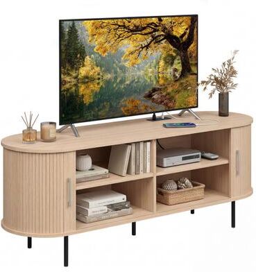"Costway Fluted TV Stand for TVs up to 60"" Mid Century Curved Entertainment Center-Natural"