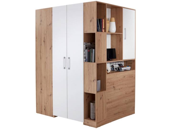 Ondega Eckschrank, Weiß, Eiche Artisan, 8 Fächer, 150x205x120 cm, Beimöbel erhältlich, Schlafzimmer, Kleiderschränke, Eckschränke