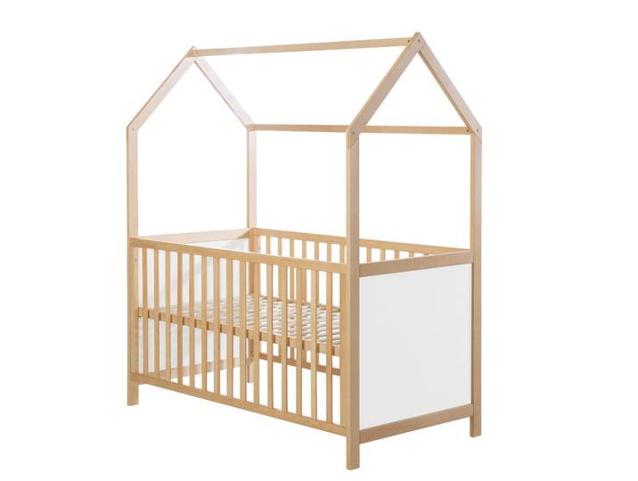 Roba Hausbett, Weiß, Natur, Holz, Schichtholz, massiv, 75x162.5x143.5 cm, Fsc, Schlupfsprossen, höhenverstellbar, zum Juniorbett umbaubar, Babymöbel, Babybetten, Gitterbett