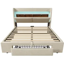 MODFU Polsterbett Leinen Beige 160x200 cm mit hydraulischem Stauraum, LED, USB & USB-C, Holzlattenrost