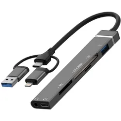 PowerGuard All-for-All USB-C, UBS-A & Lightning Audio & Photo Camera Cardreader (USB-A, USB-C), Dockingstation + USB Hub, Schwarz, Grau