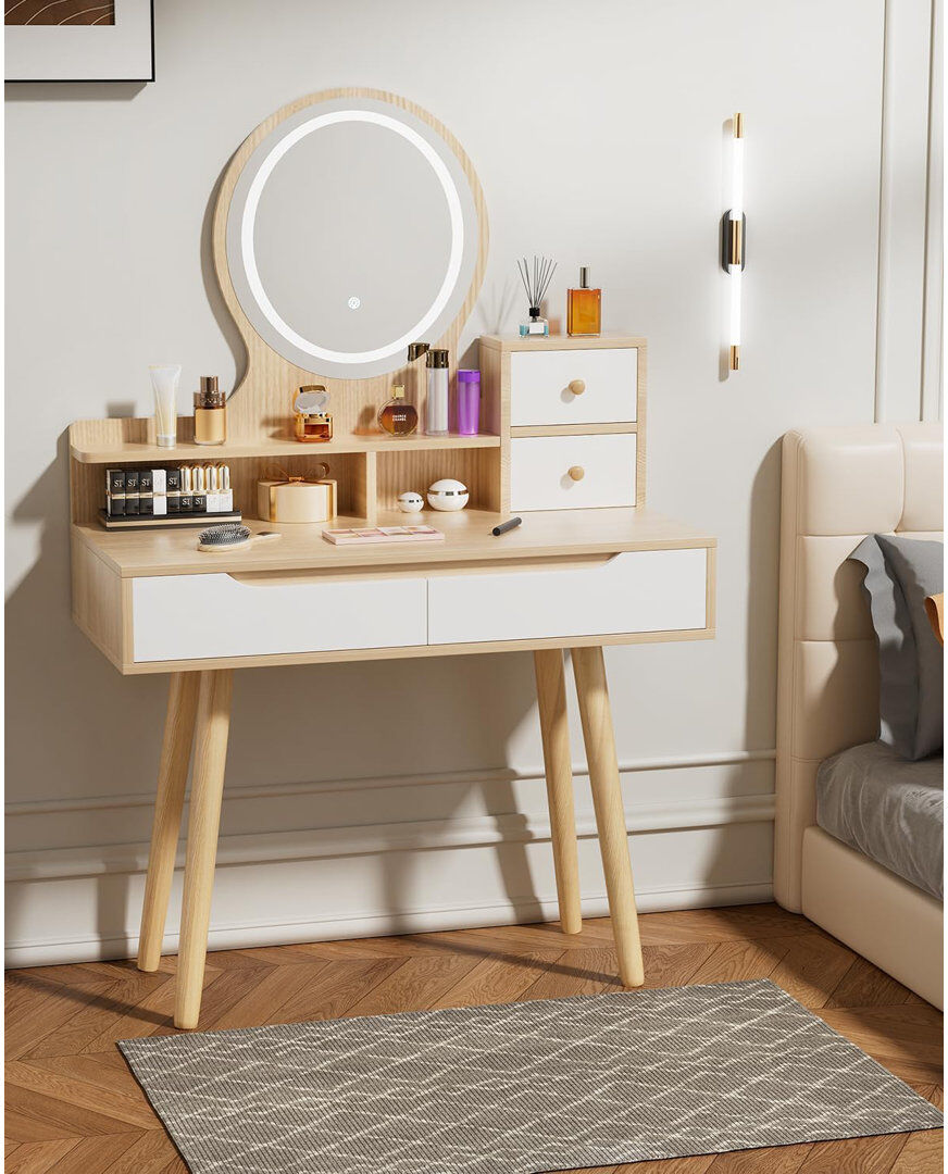 East Urban Home Dressing Table with Mirror Beige 135cm H X 80cm W X 40cm D