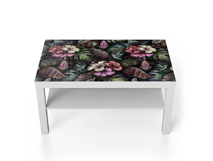 DEQORI Glastisch weiß groß 90x50 cm Motiv Blüten, Blätter und Vögel ausgefallener Beistelltisch aus Glas Hochglanz Couchtisch fürs Wohnzimmer moderner Couch Tisch mit Design