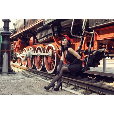 Fototapete PAPERMOON "EISENBAHN-LOKOMOTIVE ZUG BAHNGLEISE RETRO DESIGN MODEL", bunt, B:4,5m L:2,8m, Vlies, Tapeten