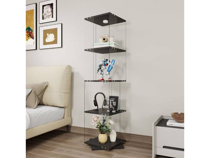 Vitrine Noir 38x38x160 cm SORVAGLOS Vitrine de salon Meuble Rangement LED Réglable Vitrine Verre Rotative 360° Moderne 4 étagères