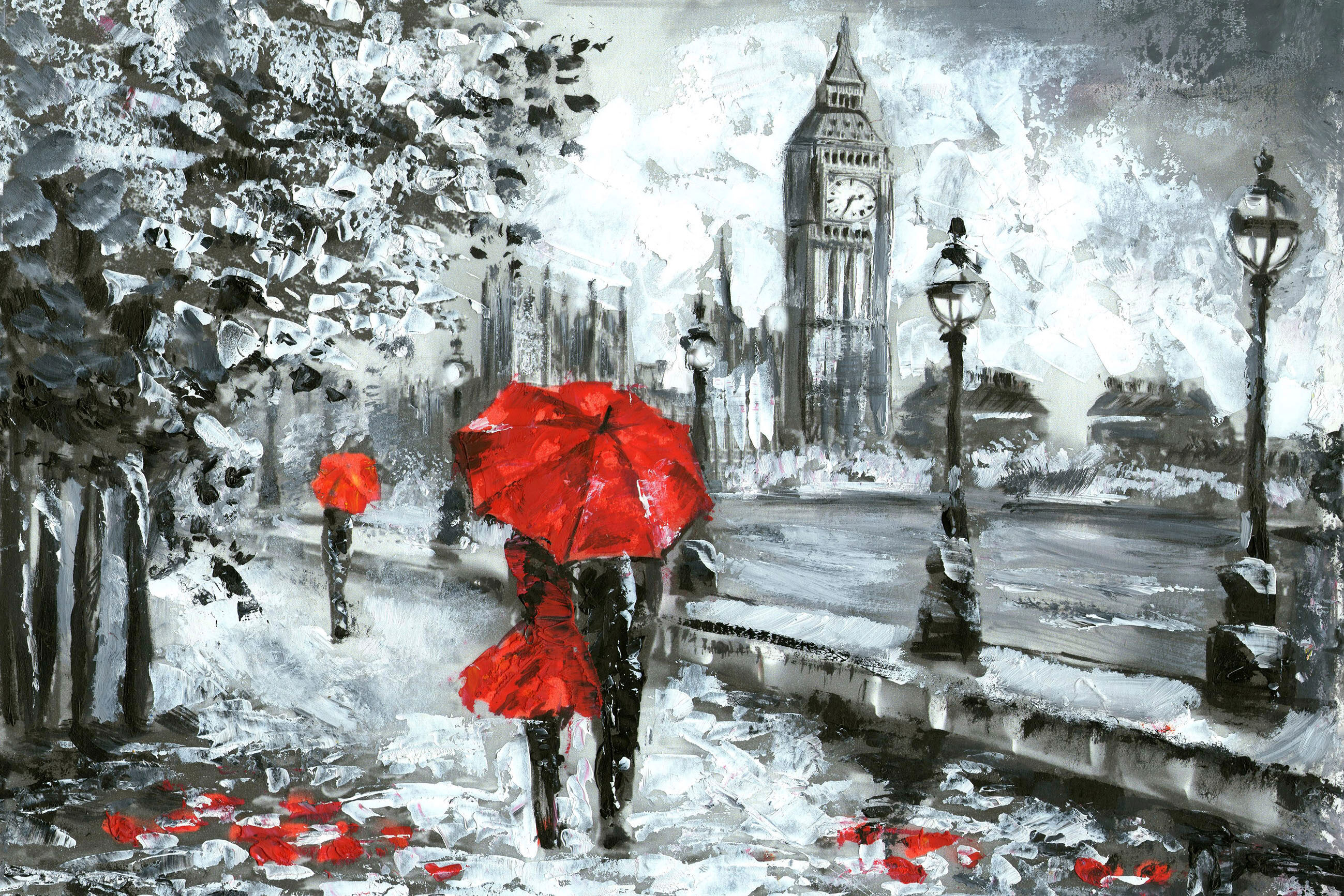 Leinwandbild QUEENCE "London", rot (farbe bild(er): rot), B:90cm H:60cm T:2cm, Canvas, Holzrahmen, Bilder, Leinwandbild, Wandeko, Big Ben, gezeichnet, Premium Leinwandstoff