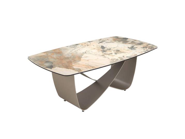 Angel Cerda Ovaler Couchtisch Barrel, Porzellanmarmor und taupefarbener Edelstahl, Beige, Metall, Mode, Oval,Oval, 120x43x70 cm, Wohnzimmer, Wohnzimmertische, Couchtische
