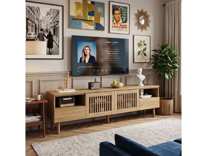 Meuble TV 180 cm avec Portes à Grille et Rangement Design soigné en Bois Massif Support Télévision 55-75 Pouces