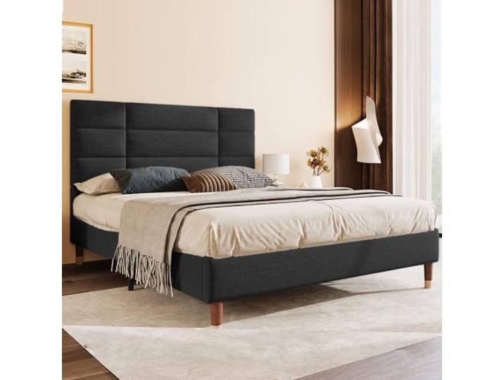 Merax Polsterbett 140x200 cm, Doppelbett, Bett mit Bettkasten Lattenrost, Gepolstertes Bettgestell mit Kopfteil, in Schwarz Leinen, für Erwachsene&Jugendliche(Matratze Nicht enthalten)