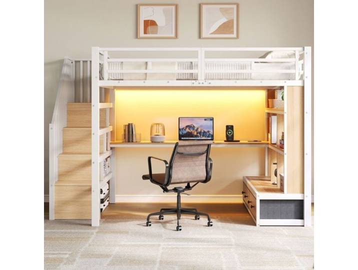 Lit Mezzanine Adulte Métal 140x200cm Éclairage LED Bureau 2 Tiroirs et Étagères Rangement-Blanc O.Ye blanc LIT MEZZANINE