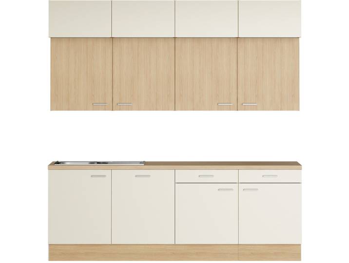 Küchenzeile KOCHSTATION KS-Lucy , beige (küche: natur, korpus: eiche hell, arbeitsplatte: eiche hell), B:240cm H:247cm T:60cm, Komplettküchen-Sets, Küchenzeile, Breite 240 cm, Soft-Close, inkl. Zubehör, wahlweise mit Geschirrspüler