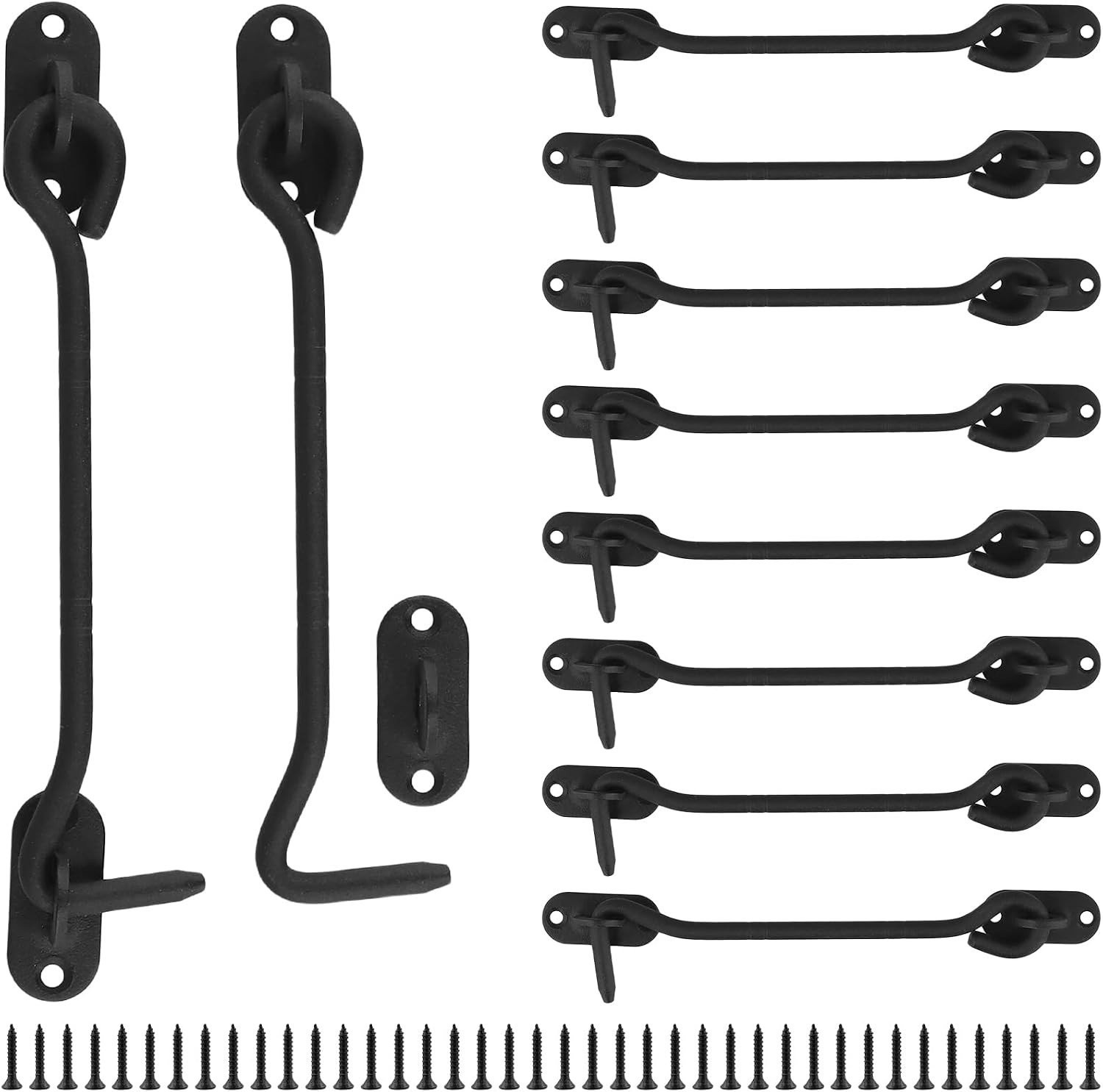 Pack van 10 zwarte RVS stormhaken met schroeven, 150 x 33 mm