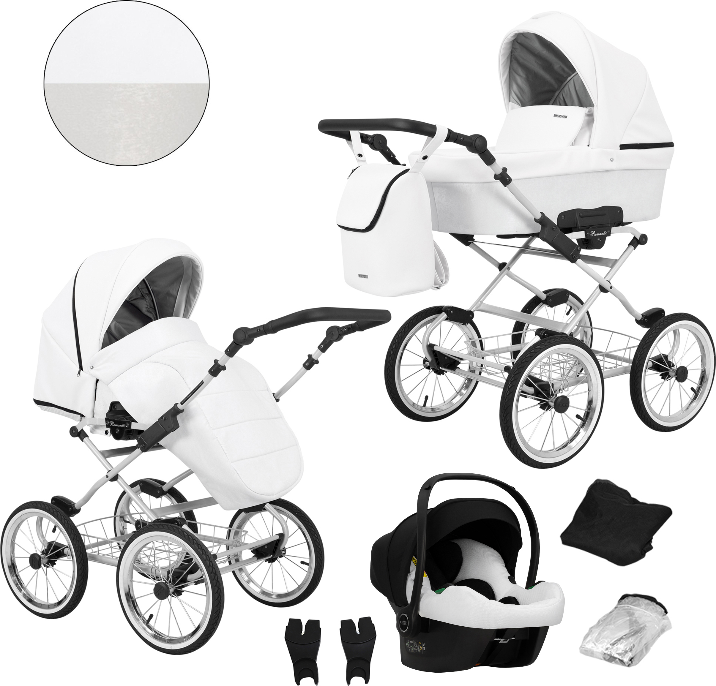 Kinderwagen ROMANTIC Sportwagen Babywagen Babyschale Komplettset Kinder Wagen Set 3 in 1 (ROM-16, Rahmenfarbe: grau)