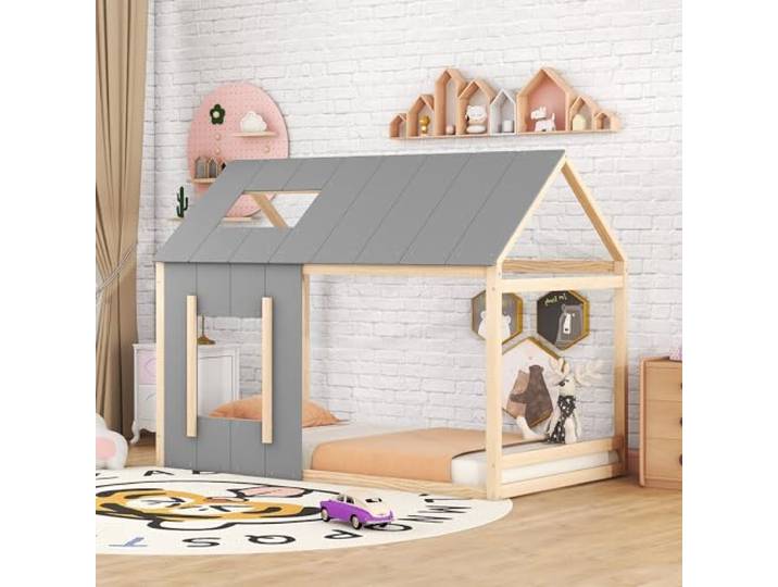 Merax Hausbett 90 x 200cm, Kinderbett Einzelbett mit Lattenrost, Stabiles Holz Baumhausbett mit Dach und Fenster, Spielbett für Jungen & Mädchen, Flachbett, dekorativ, Ohne Matratze, Grau + Natur