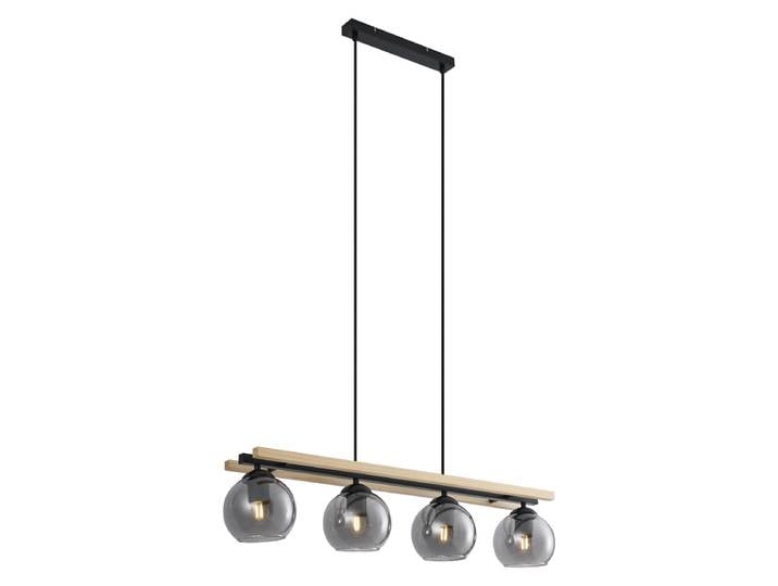Suspension moderne noire avec bois et verre fumé 4 lumières -
