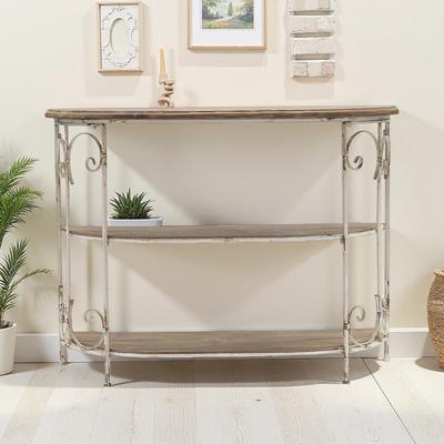 ZWYO HOSIMU "32""H Three-Tiered Wooden Shelving Unit with Ornate Iron Frame , Farmhouse Rustic Style, for Collectibles and Household Items"