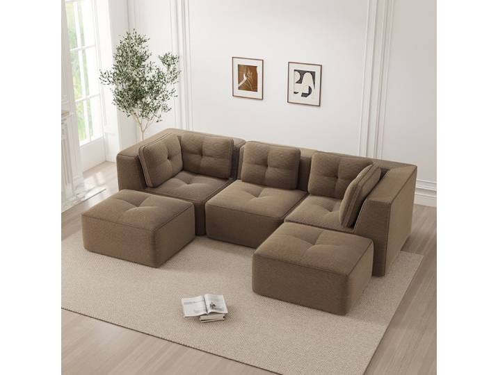 MIVRAY Canapé Modulaire Canapé Panoramique en U avec Ottomane Assise Profonde Sans Montage Tissu Côtelé Marron