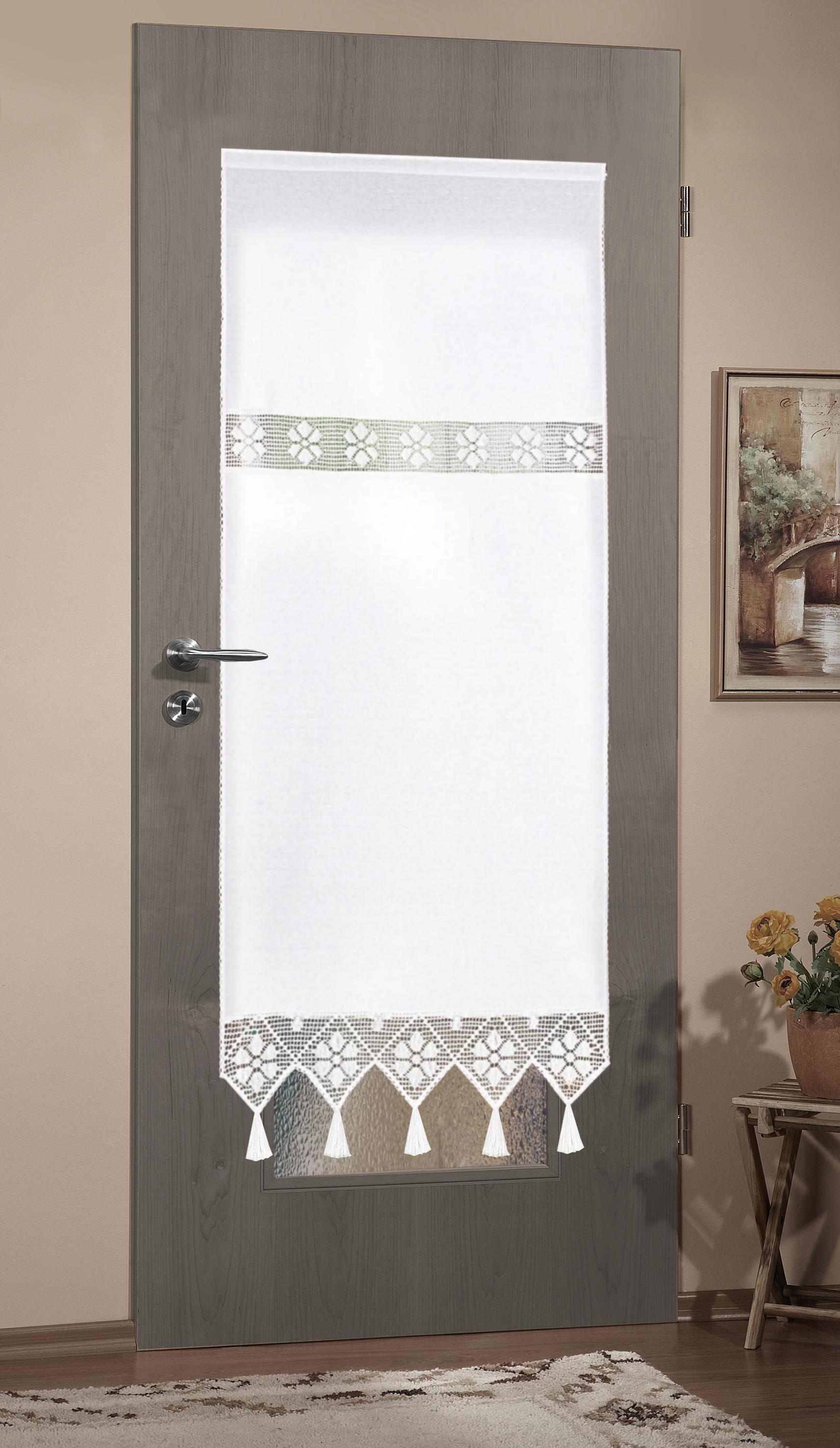Türvorhang HOME WOHNIDEEN "TONI" Gr. 2, weiss (weiß), B:90cm H:175cm, Baumwolle, Polyester, Gardinen, Türvorhang, Türvorhang mit Häkeleinsätzen weiß 175cm, Stangendurchzug, 90cm