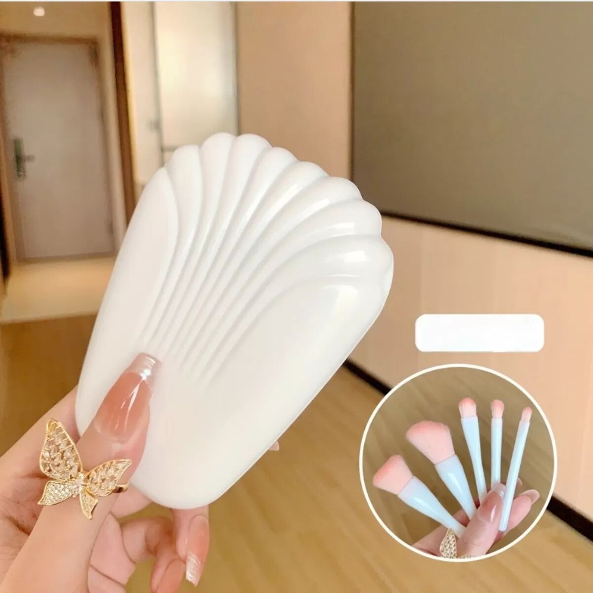 INF Set de pinceaux maquillage 5 pièces coquillage - Poils synthétiques en nylon doux avec étui coquille compact, outils beauté
