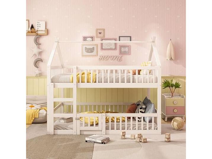 Bellemave Etagenbett 140x200cm,Kinder-Hausbett mit Schutzgeländer,Weiß Massivholz-Rahmen, Loft-Design, integrierte Treppe & sichere Schutzgeländer, belastbar bis 120 kg, ohne Matratze