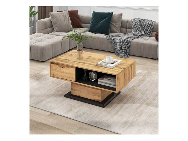 BBWL Couchtisch Moderner Couchtisch 100x60 cm in Eichenoptik,mit griff­loser Schublade (offenem & rückseitigem Fach, doppelseitiger Stauraum, Spanplatte melaminbeschichtet, 60 kg tragfähig)
