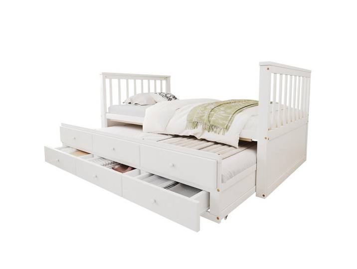 Modfu Tagesbett aus Kiefern 90x200 cm Weiß mit Ausziehbett, 3 Schubladen und praktischem Stauraum, 90x200 cm, Schlafzimmer, Betten