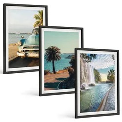 BILDER SET 3er Set - 40x60 cm Schwarzer Rahmen - Urlaub Palmen Wasserfall